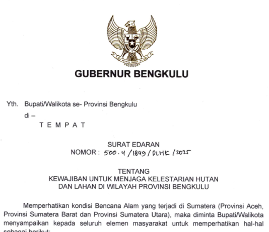 Gubernur Bengkulu Terbitkan Surat Edaran Penguatan Perlindungan Hutan dan Lahan